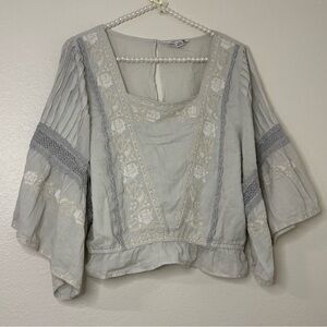 American Eagle Outfitters Cream Boho Embroidered Bell Sleeve Top